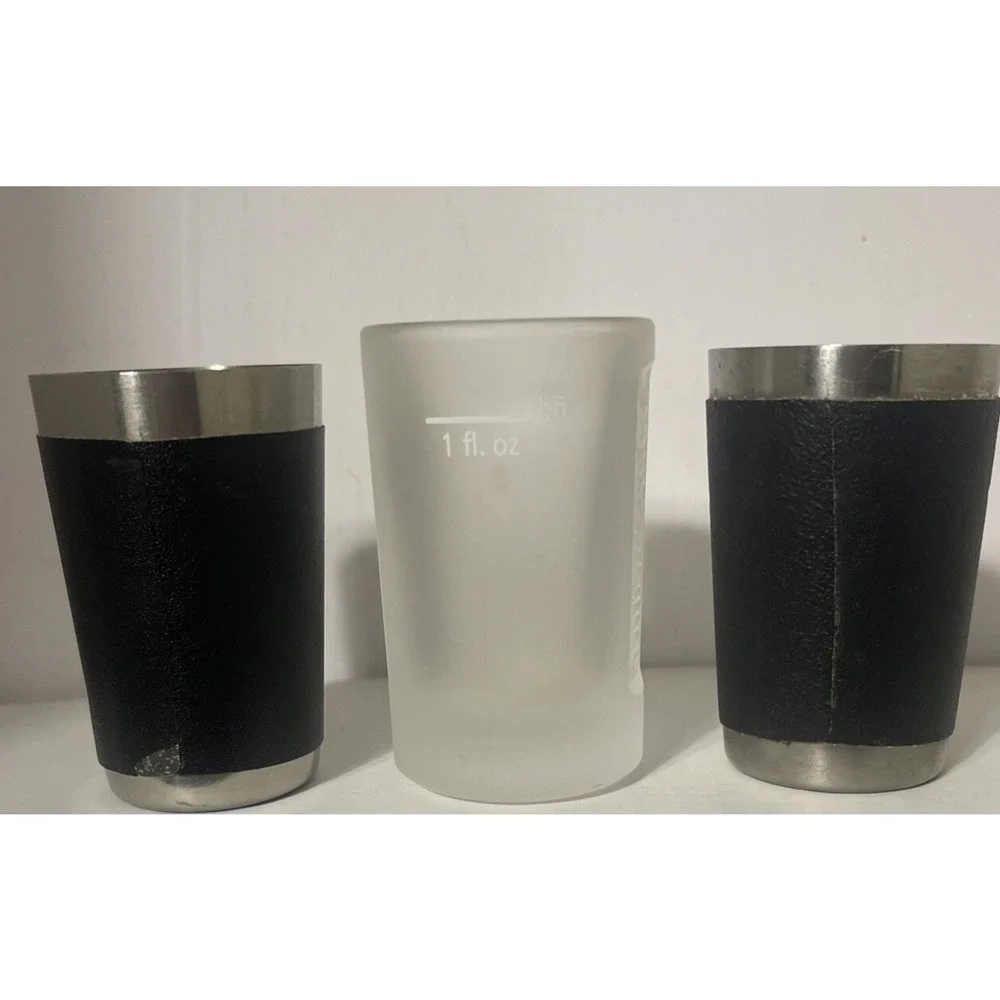 Lot Of 3 JAGERMEISTER Shot Glasses Faux Leather Wrapped And Frosted